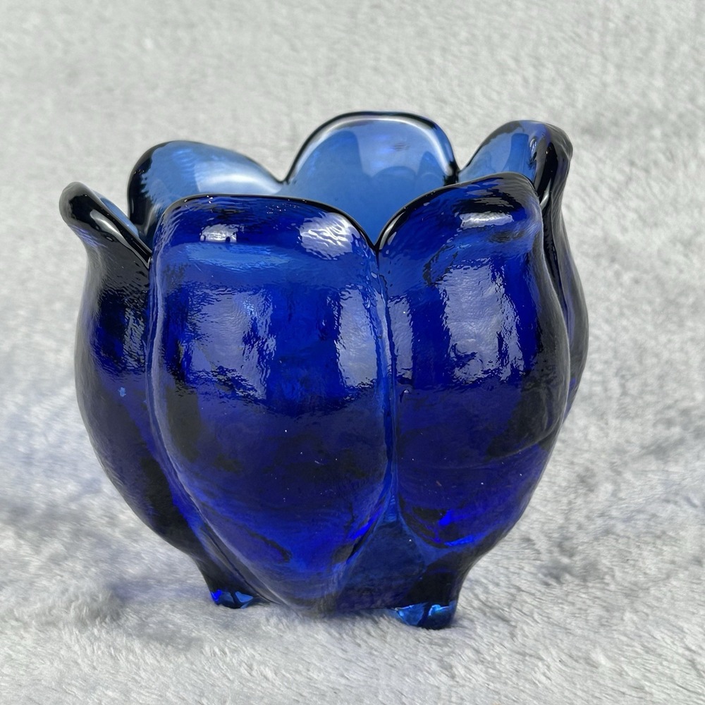 Vintage Footed Colbalt Blue Spanish ? Glass Bowl Heavy Candle Holder